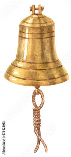 Watercolor nautical illustrations. Drawing of sea bell on transparent background