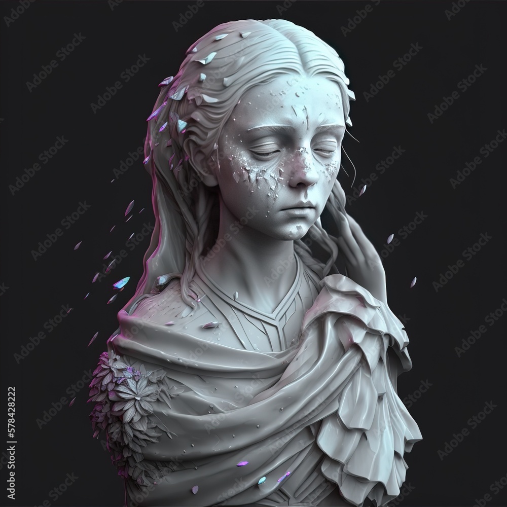 3D Ancient woman Statue, white broken stone. Greek,roman goodness style. Head sculpture pink flowers bouquet on gray background. Nature, Peonies, falling petals. Feminine beauty abstract 3D render. Ai