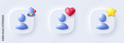 Avatar placeholder 3d buttons. Best friend, new message reminder and social media likes icon. Neutral gender silhouette button with reminder bell, 3d heart and star. Profile headshot icon. Vector