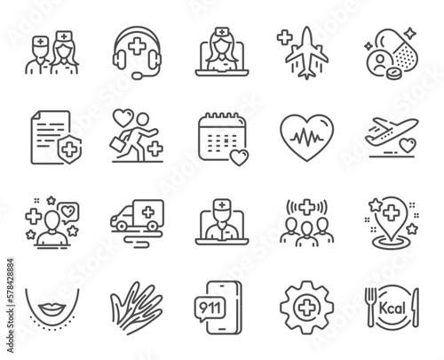 Pharmacy medicine line icons. Telemedicine doctor, Heartbeat pulse and Medical pill set. Kcal menu, Nurse care and Plastic surgery line icons. Hand veins, medicine pharmacy pill and drug. Vector