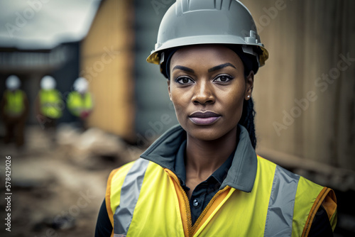 Portrait of a black woman construction worker wearing hard hat. Generative ai © ink drop