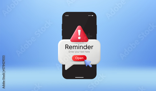 Phone warning message on screen. New notice on the smartphone. Danger alert notification. Important event push message. Calendar attention reminder notification speech bubble. Danger warning. Vector