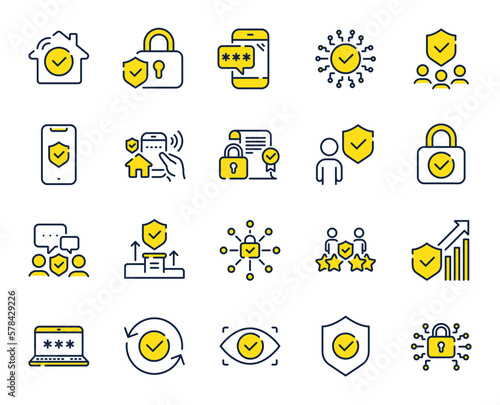 Security line icons. Cyber lock, password, unlock. Guard, shield, home security system icons. Eye access, electronic check, firewall. Internet protection, laptop password. Vector
