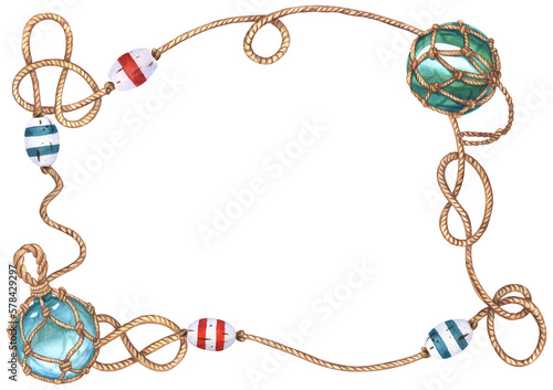 Watercolor nautical illustrations. Frame of rope, knots and glass floats on transparent background
