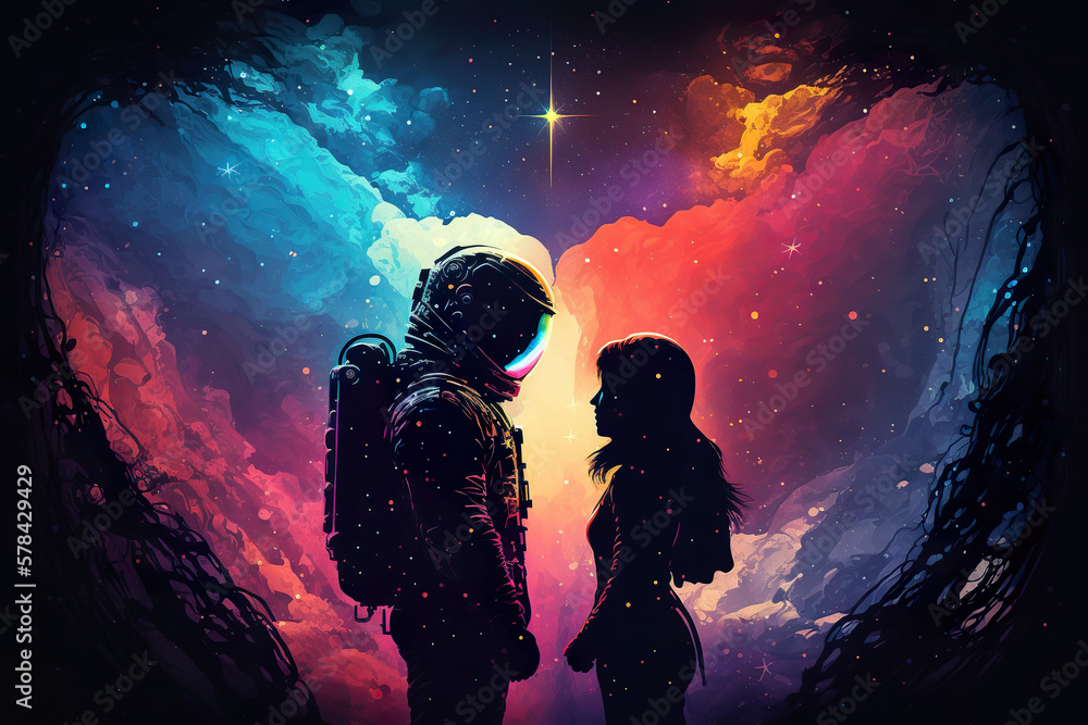 Astronaut in space suit and woman standing together love knows no ...