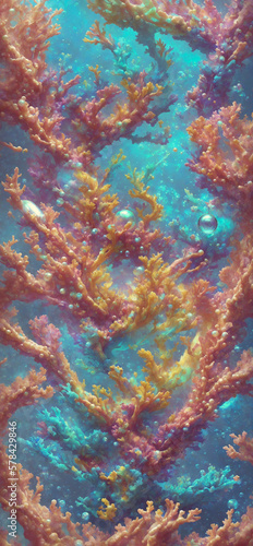 Abstract underwater world. Bright corals and pearls and bubbles. Generative AI illustration.