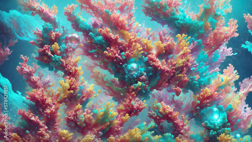 Abstract underwater world. Bright corals and pearls and bubbles. Generative AI illustration.