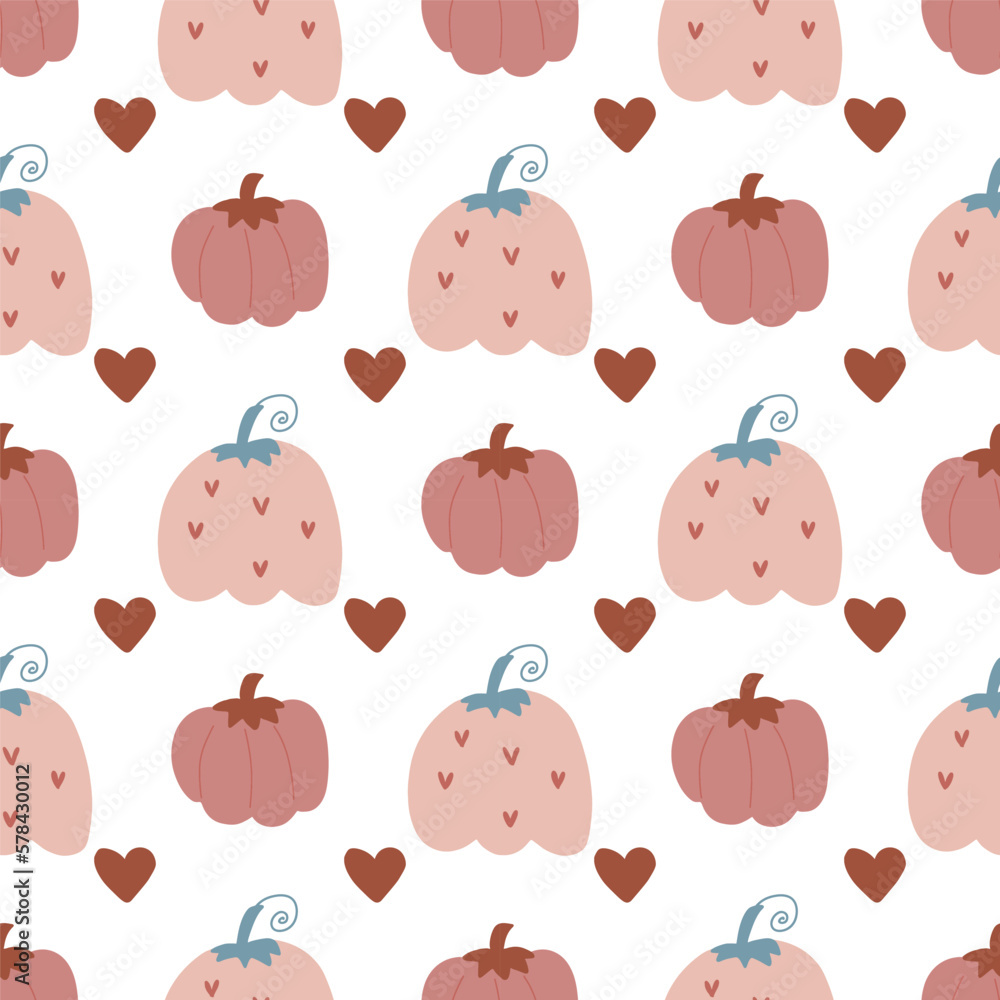 Pink pumpkin with hearts vector pattern. Autumn fall farmhouse seamless background. Thanksgiving pumpkin