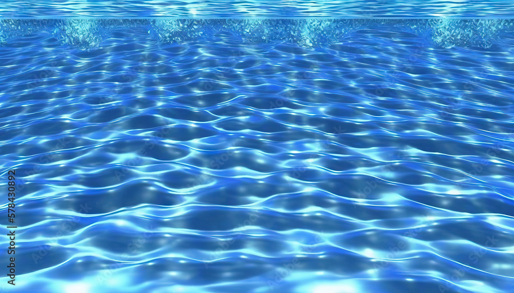 Fototapeta premium Water surface with sun light reflection and ripples on surface background. clear pool, sea or blue ocean, top view. Generative ai