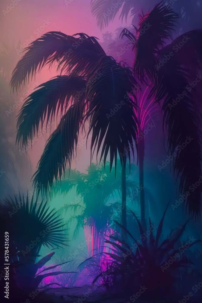 Palm trees in neon light. Tropical summer landscape of exotic trees in the fog. Generative AI art.
