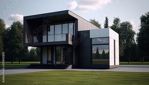 modern house of sandwich panels with panoramic windows environmentally friendly home building modular housing. Generative AI © Nataliia