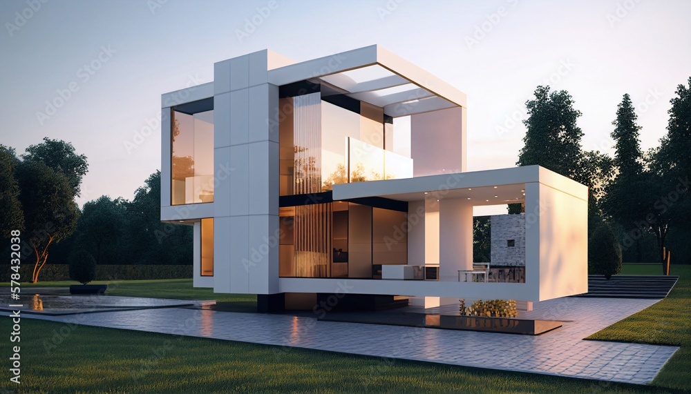 The house is in a modern style. Eco-friendly housing. Combination of wood and metal. Entrance door, panoramic windows.