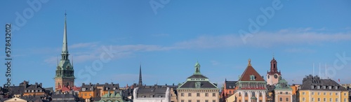 Panorama. Roofs and facades in the old town Gamla Stan, a sunny spring day in Stockholm