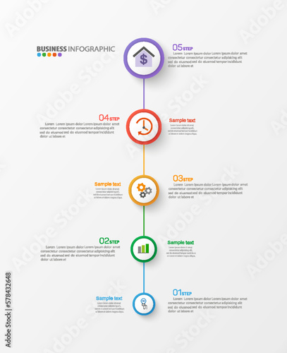 Business infographic design template with 5 options, steps or processes. Can be used for workflow layout, diagram, annual report, web design 