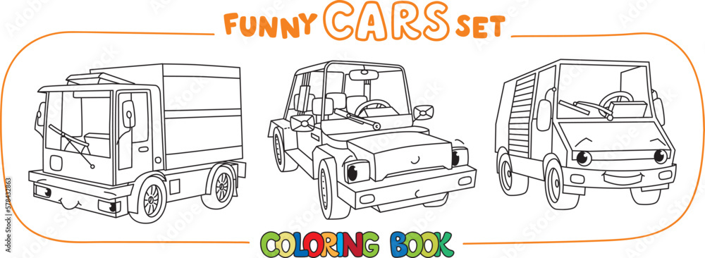 Funny small electric cars. Coloring book set