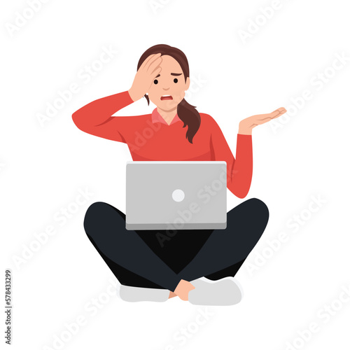 Young beautiful frustrated woman using laptop computer sitting with crossed legs isolated vector illustration