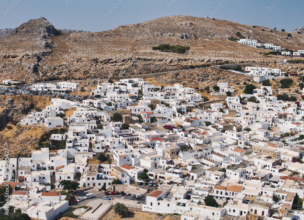 Landscape of a Lindos old town on Rhodes island in Greece