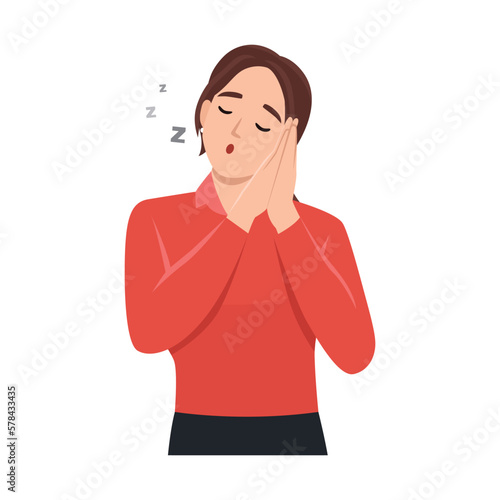 Young woman standing and sleeping tired dreaming with her eyes closed. Women pretending to sleep and making gesture. Sleepy tired woman falling asleep being exhausted