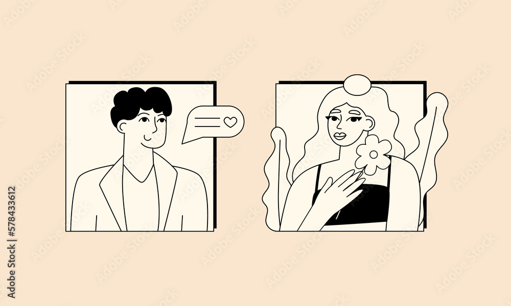 Beautiful romantic couple talking and flirting in web frames. Man with a speech bubble and woman with a flower. Minimalist outline illustration. Online dating concept Beautiful romantic couple talking and flirting in web frames. Man with a speech bubble and woman with a flower. Minimalist outline illustration. Online dating concept