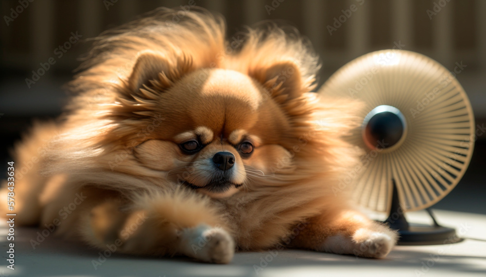 Adorable Pomeranian Dog Cooling Off in Front of a Fan in Summer