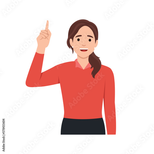 Young trendy woman pointing finger up. Happy stylish girl showing index finger. Female character illustration design. New idea, innovation, solution. Modern lifestyle