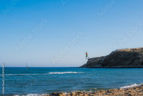 Windsurfing and kitesurfing at Prasonisi Beach at Rhodes Islnad in Greece