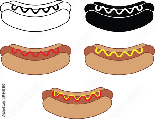 Hot Dog Clipart Set - Outline, Silhouette, Color	
