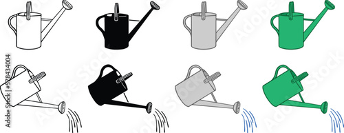 Watering Can Clipart Set - Outline, Silhouette	& Color