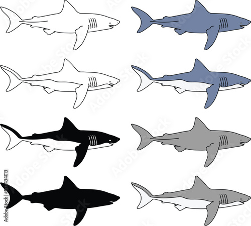 Swimming Shark Clipart Set - Outline, Silhouette & Color