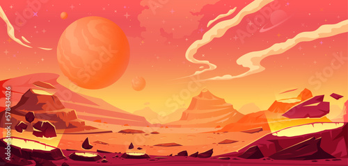 Vector illustration Mars surface landscape, the mysterious red planet, red dessert with mountains, craters, and shinning stars, Martian extraterrestrial computer game backdrop, cartoon world, banner