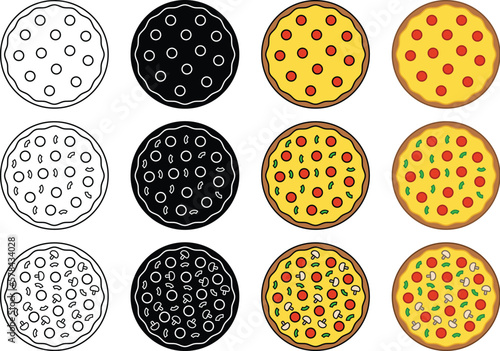 Whole Pizza Clipart Set - Outline, Silhouette and Color