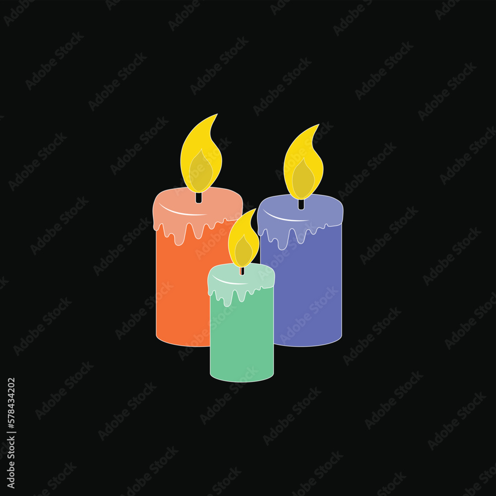 Three Beautiful Coloring Candle Light, Candle icon, cartoon style, Candle vector isolated Burning red candle and dark background. Vector flat illustration. Three Beautiful Coloring Candle Light, Candle icon, cartoon style, Candle vector isolated Burning red candle and dark background. Vector flat illustration.