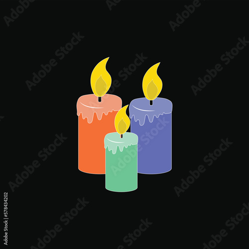Three Beautiful Coloring Candle Light,  Candle icon, cartoon style, Candle vector isolated Burning red candle and dark background. Vector flat illustration.