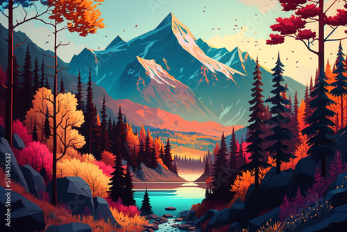 Scenery of forested mountains with vibrant colors Generative AI