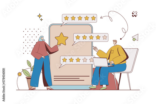 Best feedback concept with character situation in flat design. Man and woman giving high rating stars and writing reviews with their positive experience. Vector illustration with people scene for web