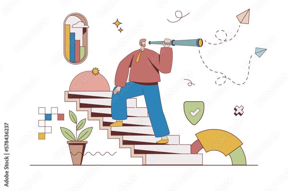Career opportunity concept with character situation in flat design. Man with spyglass climbs career ladder and looks for better solutions and progress. Vector illustration with people scene for web - obrazy, fototapety, plakaty 