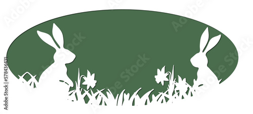 Happy easter holiday background banner panorama vector illustration for logo paper cut - White ellipse frame silhouette of Easter bunny on spring meadow, isolated on green background