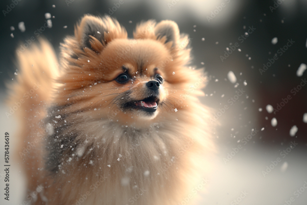 Obraz premium A Cute Pomeranian Dog Chasing Snowflakes in the Wintertime