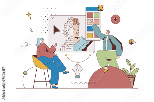 Designer agency concept with character situation in flat design. Man and woman are discussing art project, working with trendy palette and visual content. Vector illustration with people scene for web