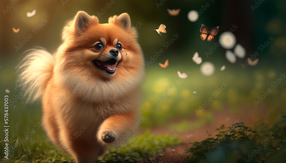 Chasing Butterflies: Adorable Pomeranian Dog on a Green Meadow Chasing Butterflies: Adorable Pomeranian Dog on a Green Meadow
