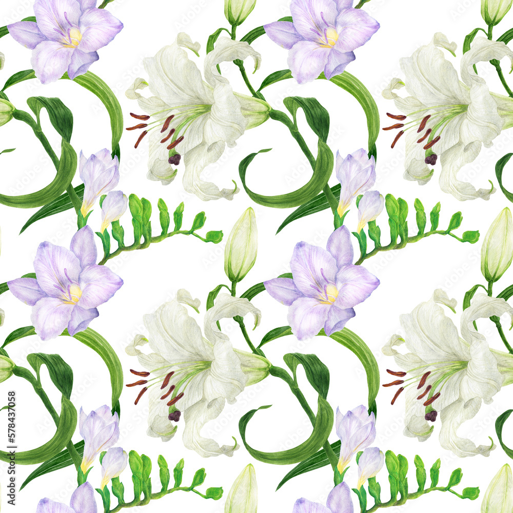Obraz premium White liliy and violet freesia flowers watercolor seamless pattern