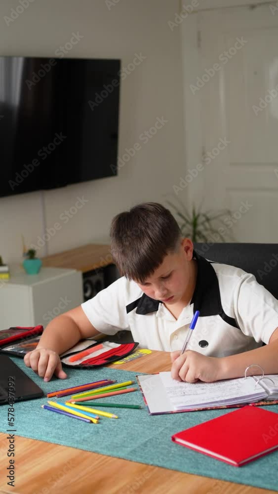 Caucasian boy doing homework with his computer. Caucasian boy doing homework with his computer.