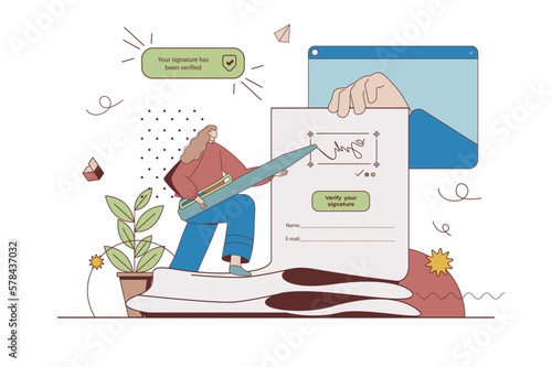 Electronic contract concept with character situation in flat design. Woman signing digital agreement form with e-signature, making business deal online. Vector illustration with people scene for web
