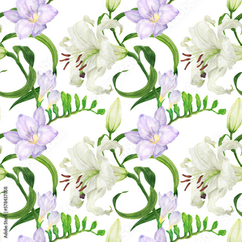 Fototapeta Naklejka Na Ścianę i Meble -  White liliy and violet  freesia flowers watercolor seamless pattern