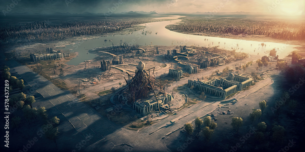 An eerie aerial view of a city destroyed by a nuclear disaster. The landscape is barren and desolate, with buildings and infrastructure in ruins - Generative AI