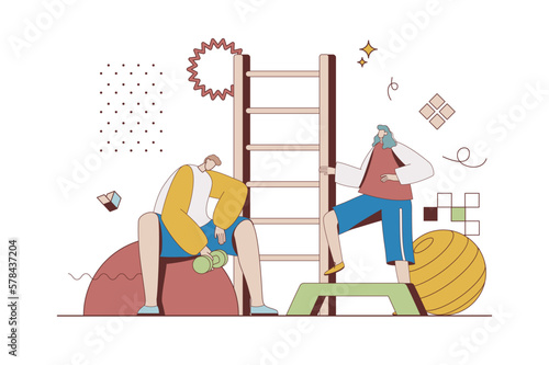 Fitness and gym concept with character situation in flat design. Man is bodybuilding and doing exercises with dumbbells. Woman doing pilates workout. Vector illustration with people scene for web