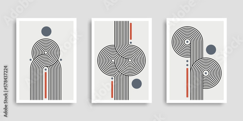 Set of abstract contemporary posters with geometric shapes. Collection of wall art. Modern boho minimalist art. Vector illustration. Design for print poster, cover, wallpaper. Stock.