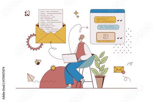 Messaging service concept with character situation in flat design. Woman writing and sending new letters online using mail client program at laptop. Vector illustration with people scene for web