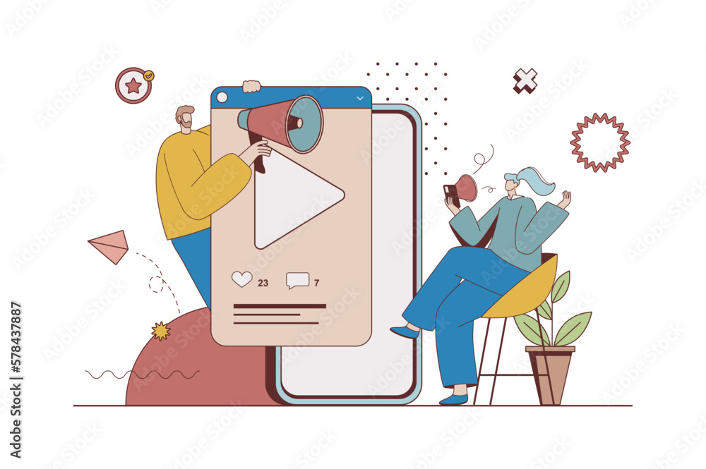 Mobile marketing concept with character situation in flat design. Man attracts new customers with viral video content, woman makes purchases e-commerce. Vector illustration with people scene for web - obrazy, fototapety, plakaty 