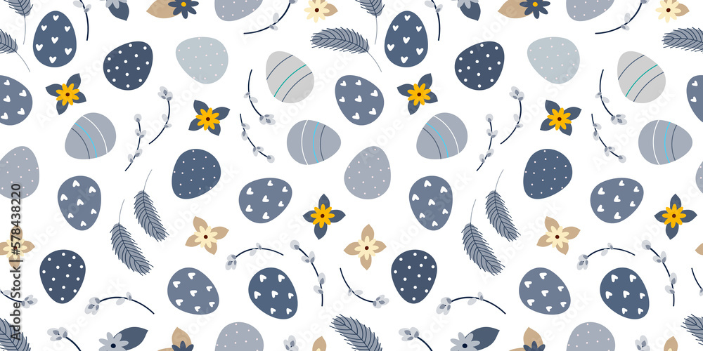 Blue Beige Easter spring seamless pattern with willow twigs and Easter eggs